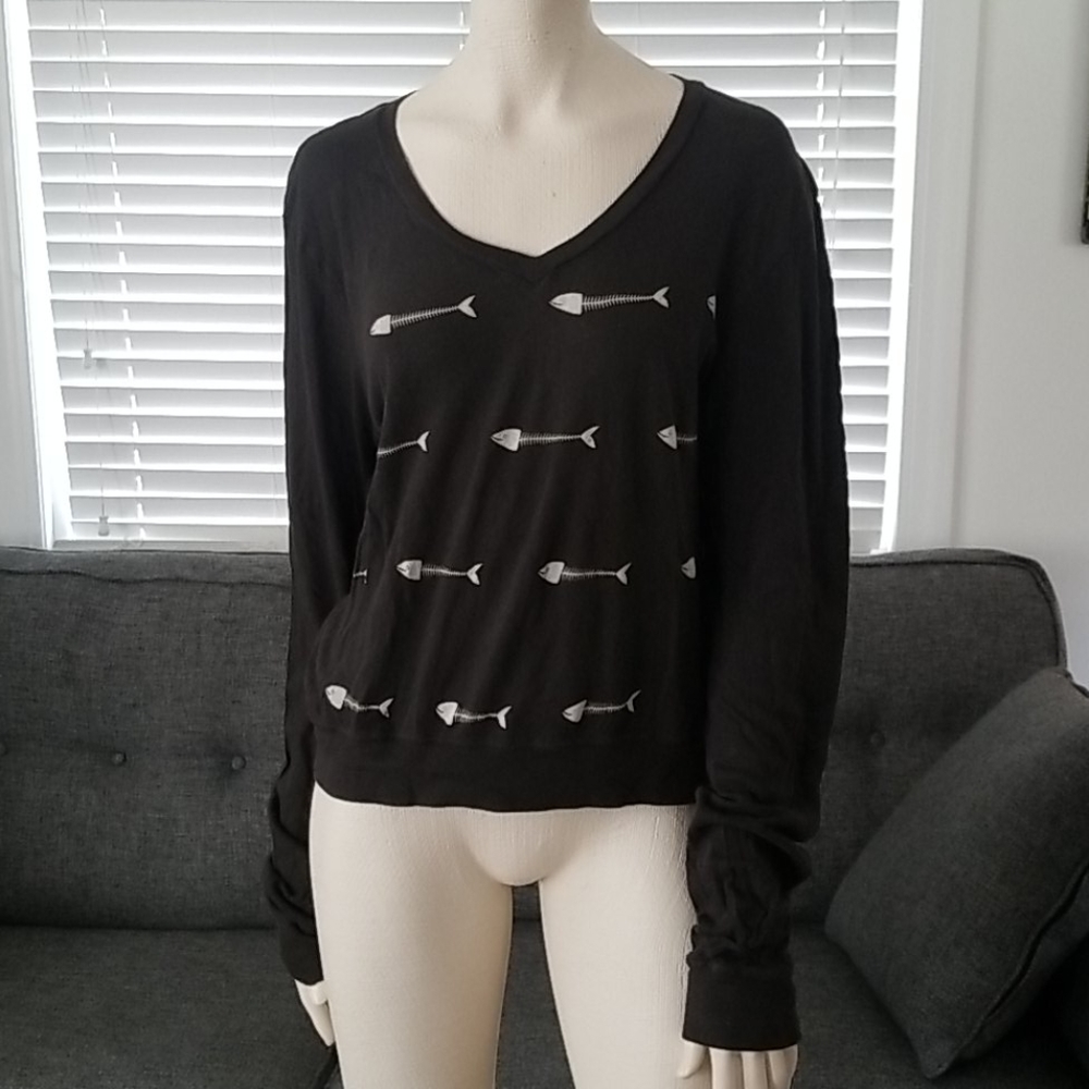 Wildfox Fish Bones V Neck Long Sleeve Tee